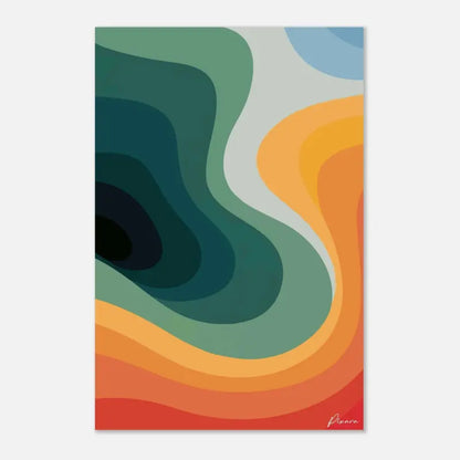 Impression d’art abstrait mettant en scène des bandes ondulantes et fluides de turquoise, orange et rouge sur un fond gris clair.