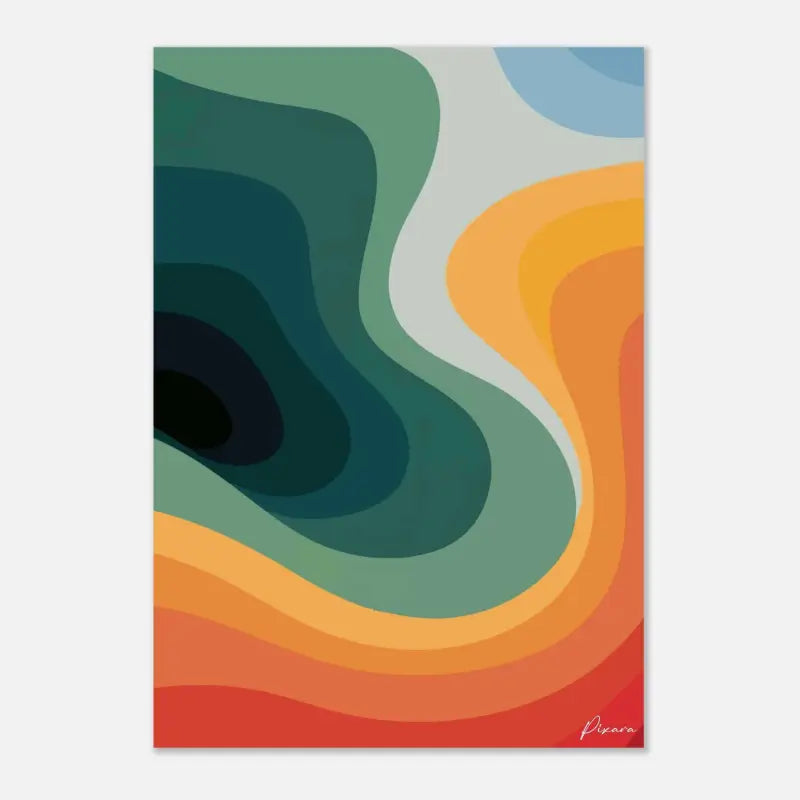 Impression d’art abstrait mettant en scène des bandes ondulantes et fluides de teal, vert, orange et rouge sur un fond gris clair.