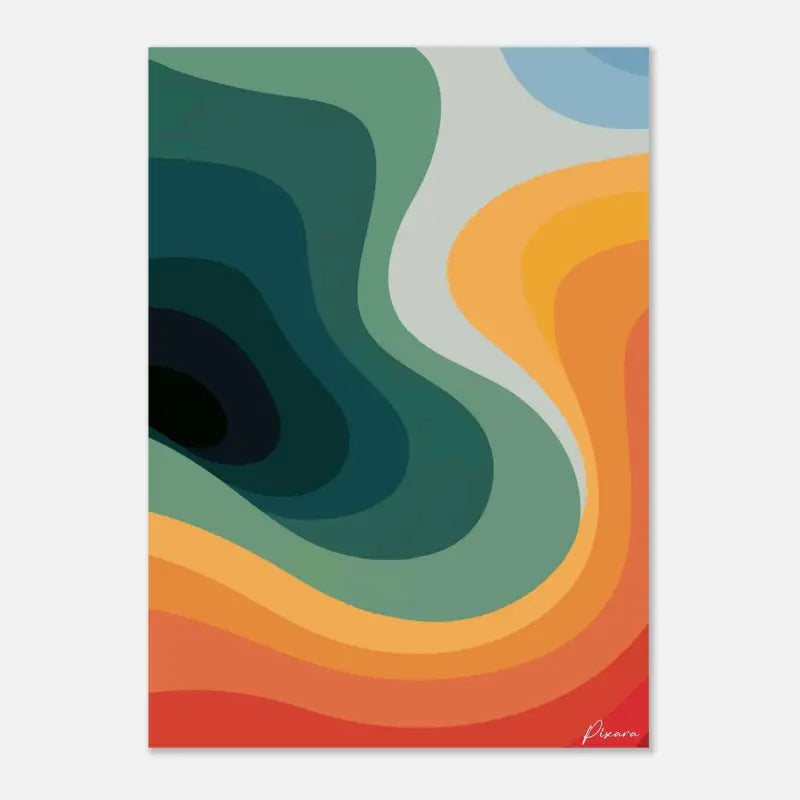 Impression abstraite présentant des bandes ondulantes et fluides aux teintes de turquoise, orange et rouge sur une surface mate.