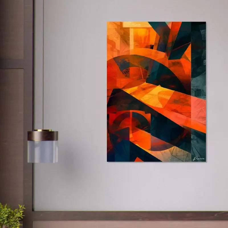Peinture abstraite sur toile vibrante mettant en scène des formes géométriques audacieuses en orange vif, rouge et bleu-vert profond.