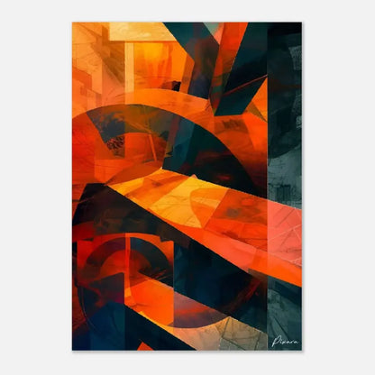Art abstrait sur toile vibrant mettant en scène des formes géométriques audacieuses en orange vif, rouge et bleu profond.