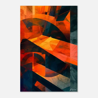 Estampe d’art abstrait mettant en vedette des formes géométriques audacieuses en orange, rouge et bleu profond avec un effet stratifié et translucide.