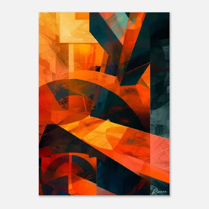 Œuvre d’art numérique abstraite mettant en scène des formes géométriques audacieuses dans des tons orange vif, rouge et teal profond.