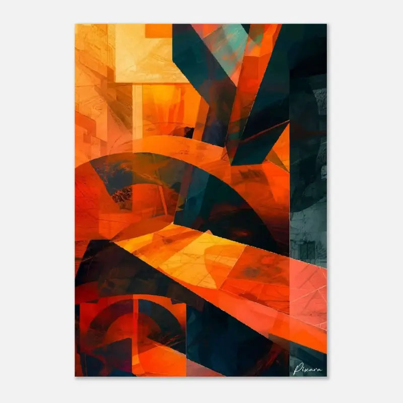 Œuvre d’art numérique abstraite mettant en scène des formes géométriques audacieuses dans des tons orange vif, rouge et teal profond.