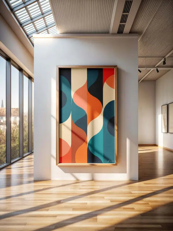 Une peinture abstraite vibrante dans un cadre en or élancé, présentant des courbes fluides de turquoise, orange et crème sur un fond bleu foncé.