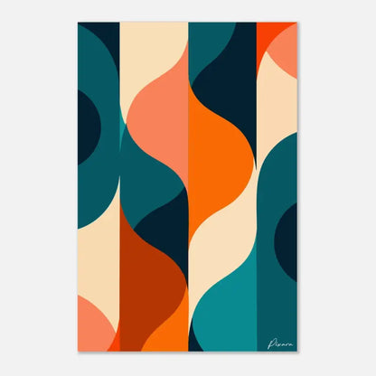 Impression d’art abstrait mettant en scène des formes géométriques audacieuses et fluides en tons turquoise, orange et crème.