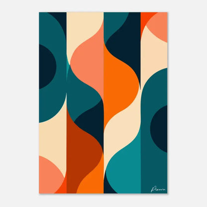 Impression d’art abstrait mettant en scène des courbes audacieuses et fluides en teal, orange et crème sur un fond minimaliste.