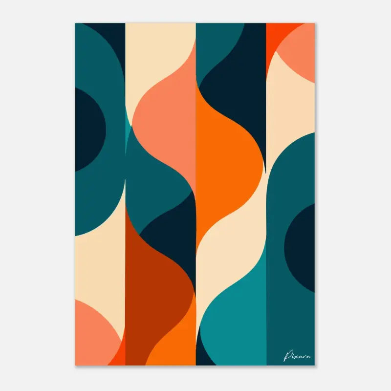 Impression d’art abstrait mettant en scène des formes géométriques audacieuses et fluides en teal, orange et crème sur un fond minimaliste.