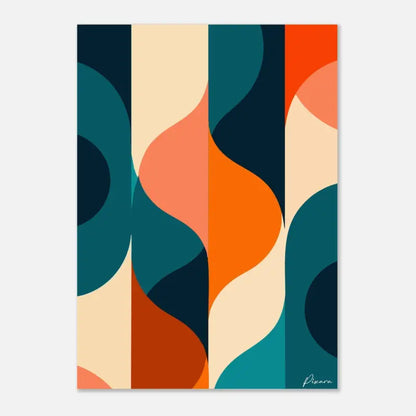 Impression d’art abstrait moderne mettant en vedette des rayures verticales audacieuses en teal, orange et crème avec des formes organiques fluides.