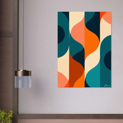 Art mural abstrait vibrant présentant des courbes fluides en teal, orange et crème sur un fond minimaliste.