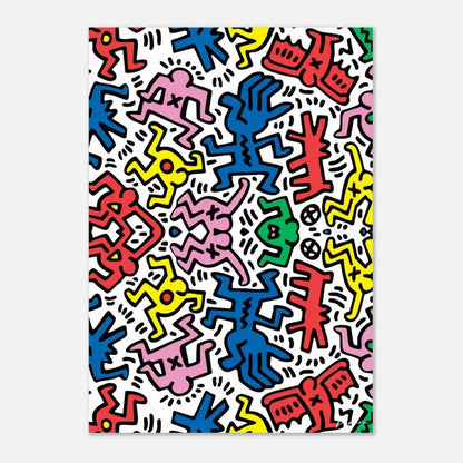 Figures de dessin animé vibrants et colorés en rouge, bleu, jaune, rose et vert sur un fond blanc.