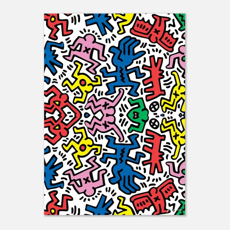 Figures de dessin animé vibrants et colorés en rouge, bleu, jaune, rose et vert sur un fond blanc.