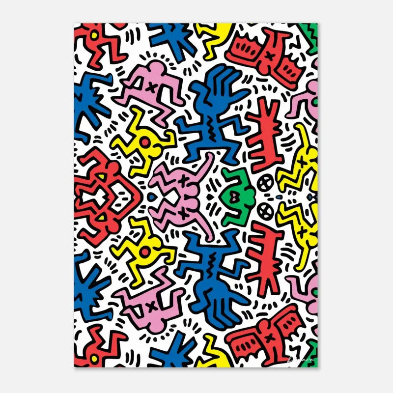 Figures de dessin animé vibrants et colorés en rouge, bleu, rose, jaune et vert sur un fond blanc.