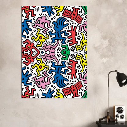 Impression sur toile vibrante et colorée mettant en scène les figures stylisées emblématiques de Keith Haring en rouge, bleu, rose, jaune et vert sur un fond blanc.