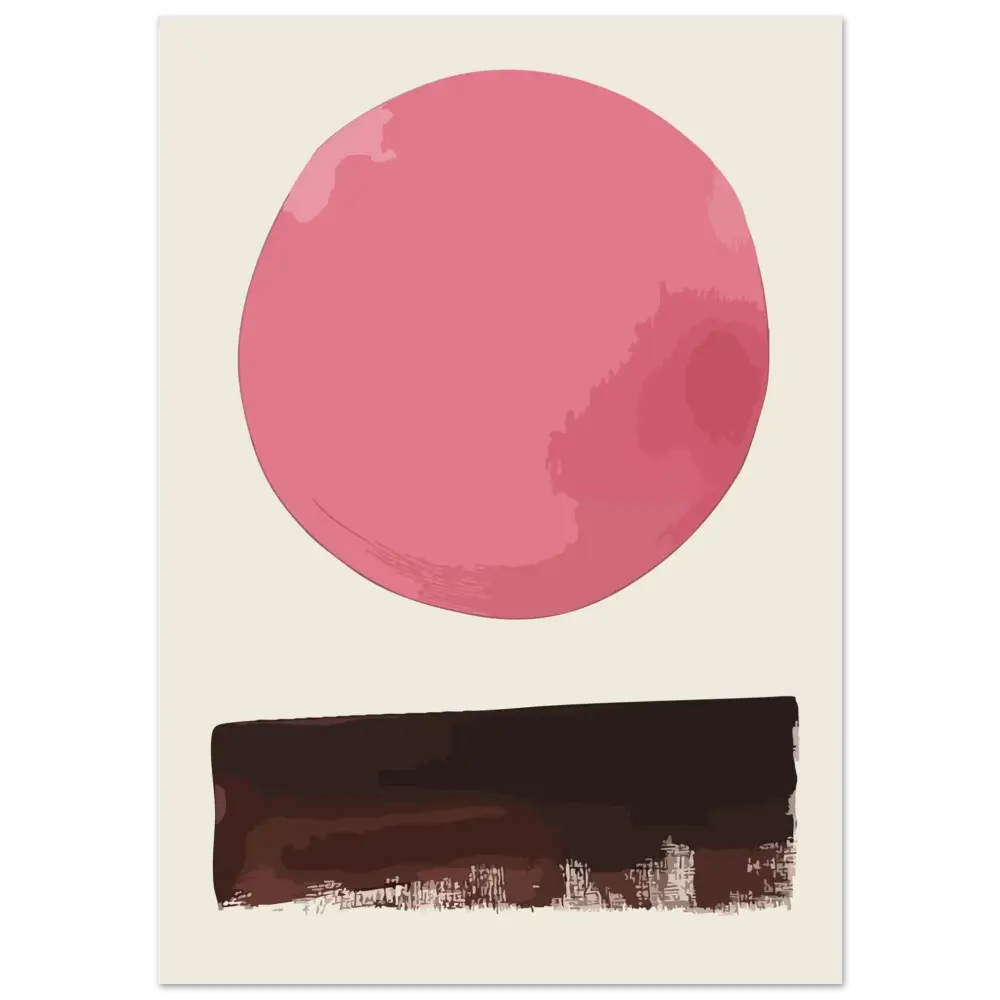 Une impression d’art abstrait minimaliste mettant en scène une forme circulaire rose audacieuse au-dessus d’une bande horizontale marron foncé avec des silhouettes subtiles de skyline urbain.