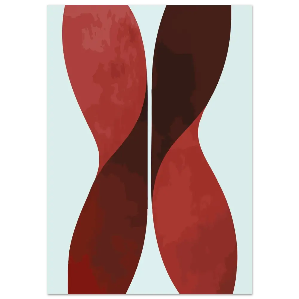 Pièce d’art abstrait mettant en scène deux formes fluides et entrelacées dans des tons rouge foncé et marron contre un fond gris clair.