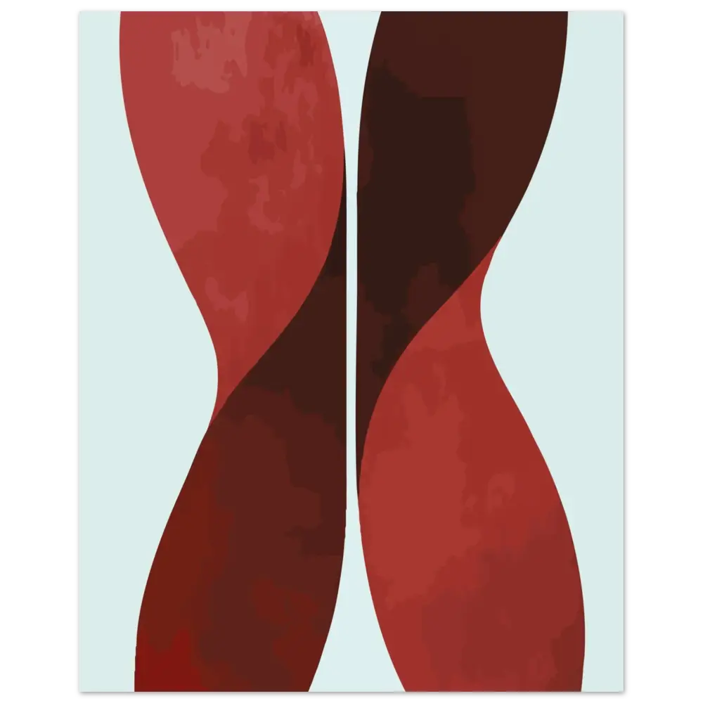 Œuvre d’art abstrait présentant deux formes fluides et entrelacées en rouge profond et marron contre un fond bleu clair.