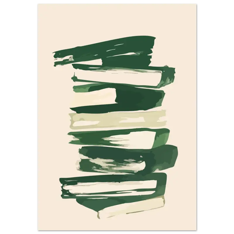 Peinture abstraite mettant en scène une pile de livres rendue avec des coups de pinceau audacieux et texturés en vert profond et crème.