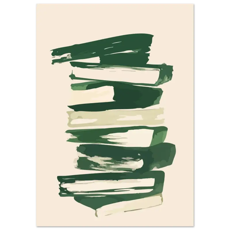 Impression d’art abstrait mettant en scène une pile de livres rendue en coups de pinceau verts audacieux et crème.