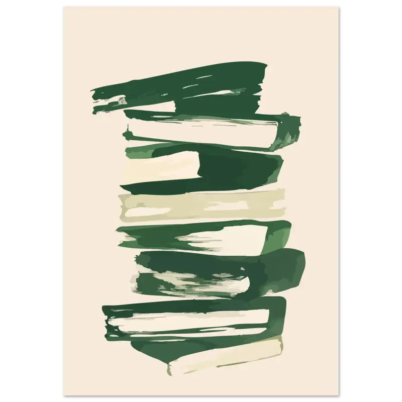 Peinture abstraite mettant en scène une pile de livres rendue avec des coups de pinceau audacieux et texturés en vert foncé et crème.