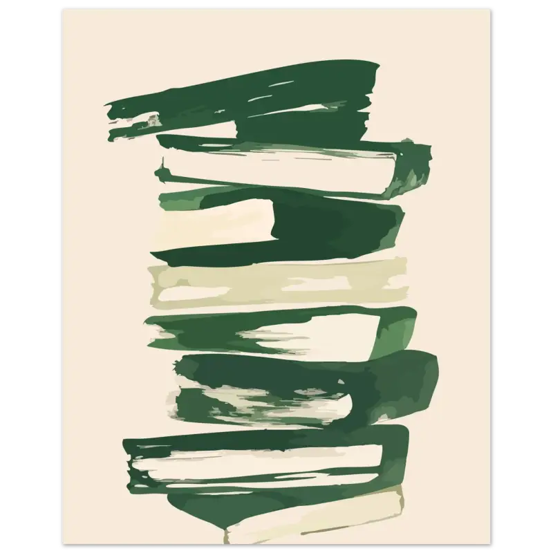 Peinture abstraite mettant en scène une pile de livres rendue avec des coups de pinceau audacieux et texturés en vert foncé et crème sur un fond beige pâle.