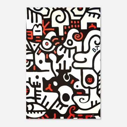 Impression abstraite en noir et blanc avec des accents rouges audacieux, présentant des figures stylisées semblables à des dessins animés dans une composition dynamique.