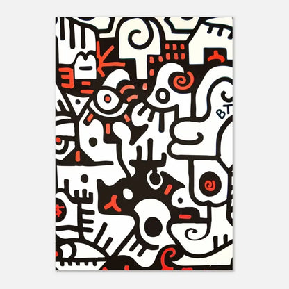 Œuvre d’art abstraite en noir et blanc avec des accents rouges audacieux, mettant en scène des figures fantaisistes et stylisées dans une composition dynamique.