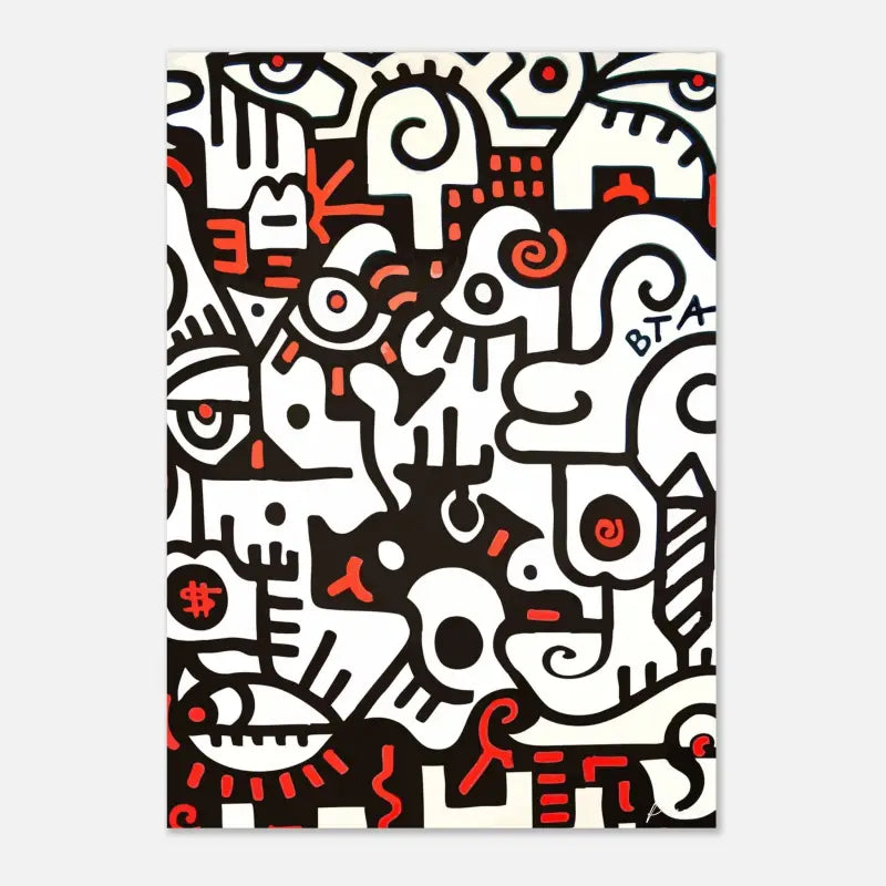 Œuvre d’art abstraite en noir et blanc avec des accents rouges audacieux, présentant des yeux stylisés et des formes organiques dans un design dynamique inspiré du graffiti.