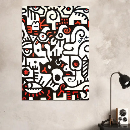 Peinture abstraite sur toile en noir et blanc avec des accents rouges audacieux, présentant des figures fantaisistes semblables à des dessins animés dans un style dynamique inspiré du graffiti.