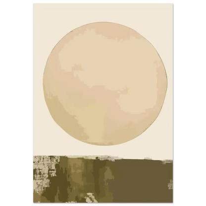 Une peinture abstraite minimaliste présentant une grande forme circulaire beige pâle sur un fond crème atténué avec des bandes horizontales texturées marron terreux en dessous.