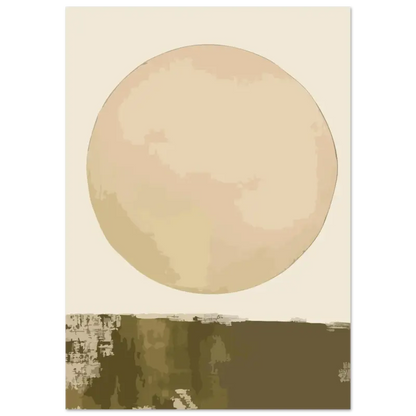 Une impression d’art abstrait minimaliste mettant en scène un grand cercle beige doux au-dessus d’un paysage brun texturé.
