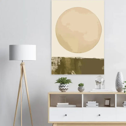 Peinture abstraite sur toile beige et olive présentant une grande forme circulaire au-dessus d’une bande horizontale texturée.