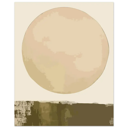 Une peinture abstraite minimaliste mettant en scène une grande forme circulaire beige pâle sur un fond crème atténué avec des tons terreux texturés en dessous.