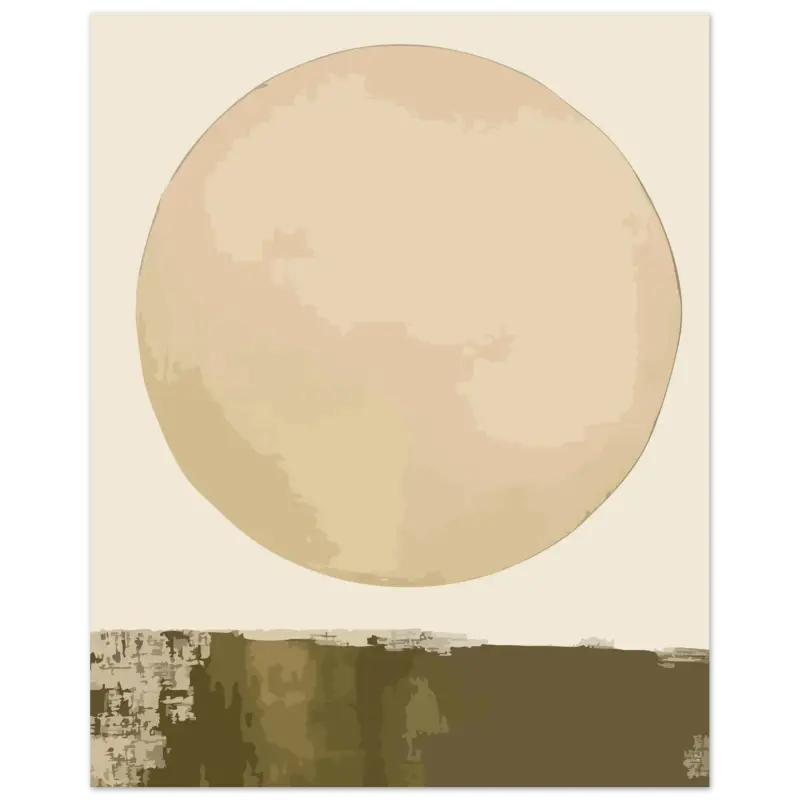 Une peinture abstraite minimaliste mettant en scène une grande forme circulaire beige pâle sur un fond crème atténué avec des tons terreux texturés en dessous.