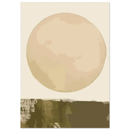 Une estampe d’art minimaliste présentant un grand cercle beige doux sur un fond crème atténué avec un terrain abstrait brun terreux en dessous.