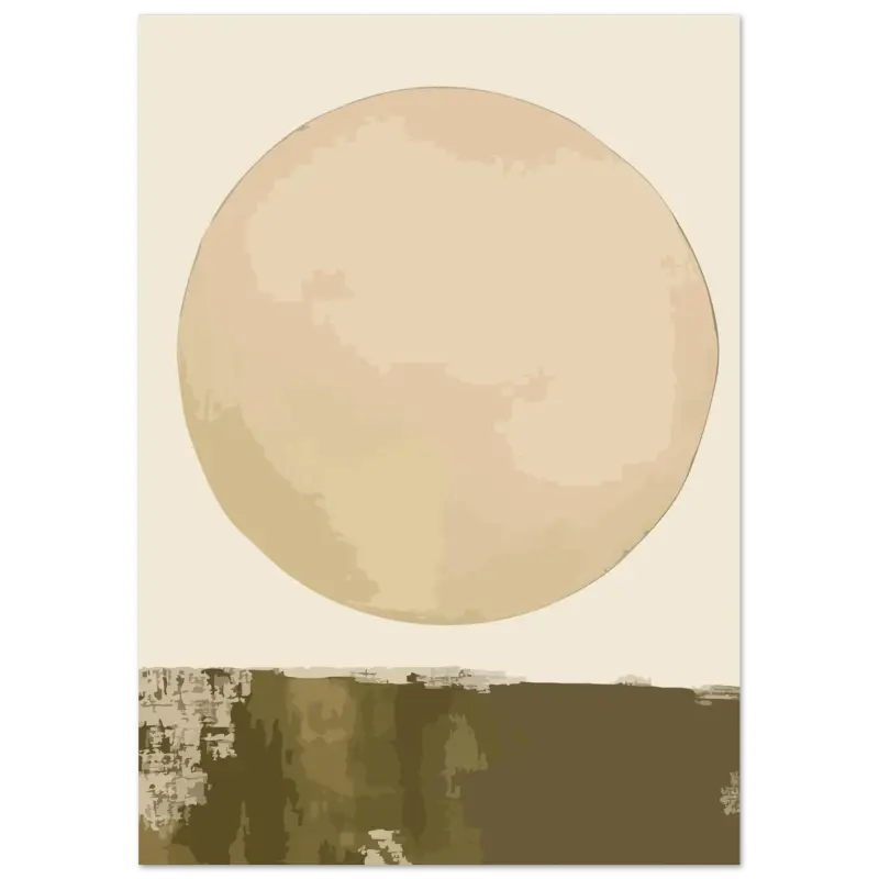 Une estampe d’art minimaliste présentant un grand cercle beige doux sur un fond crème atténué avec un terrain abstrait brun terreux en dessous.