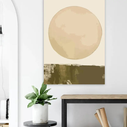 Peinture abstraite circulaire beige avec un coup de pinceau texturé vert olive en bas, accrochée sur un mur blanc.