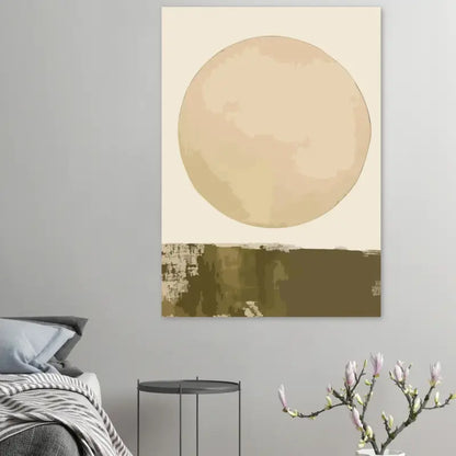 Peinture abstraite circulaire beige avec bande horizontale texturée vert olive.