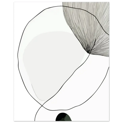 Œuvre d’art minimaliste abstraite mettant en vedette des contours noirs audacieux et un ombrage gris doux sur un fond blanc propre.