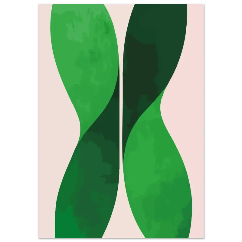 Impression abstraite mettant en scène deux formes vertes fluides et entrelacées sur un fond beige doux.