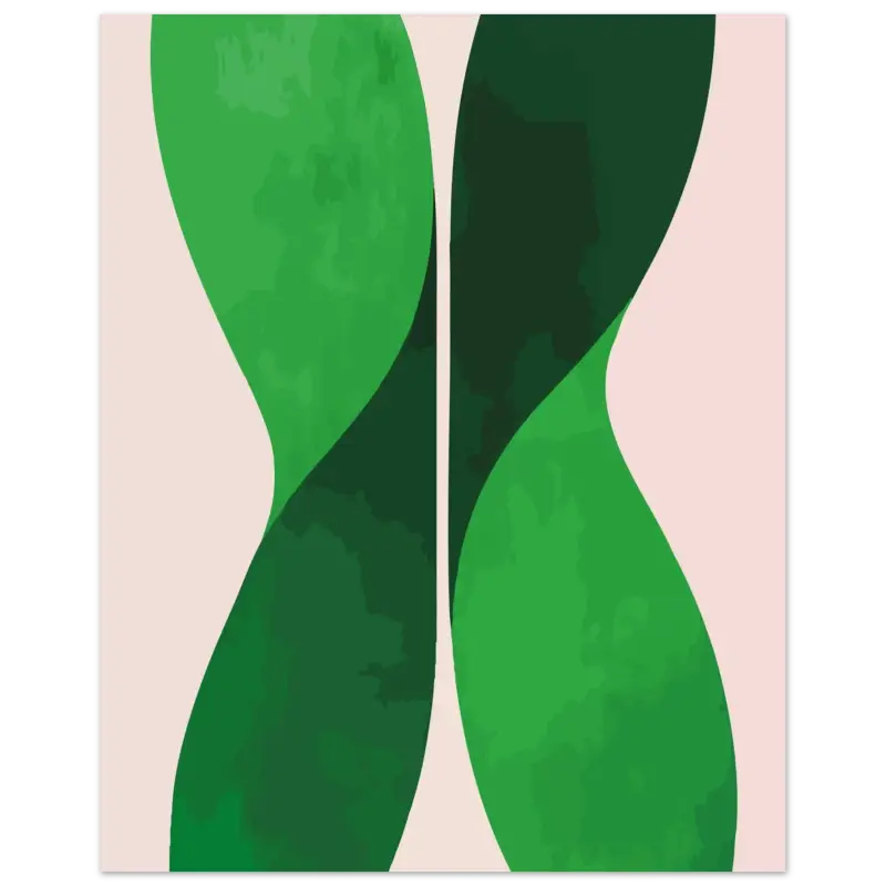 Impression d’art abstrait mettant en scène deux formes vertes fluides et symétriques sur un fond beige doux.