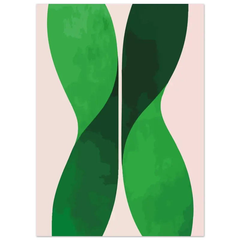 Impression d’art abstrait moderne mettant en scène deux formes vertes fluides sur un fond beige doux, encadrée en argent élégant.