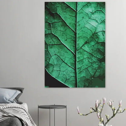 Impression sur toile de feuille verte émeraude vibrante avec motifs de veines complexes et bordure sombre.