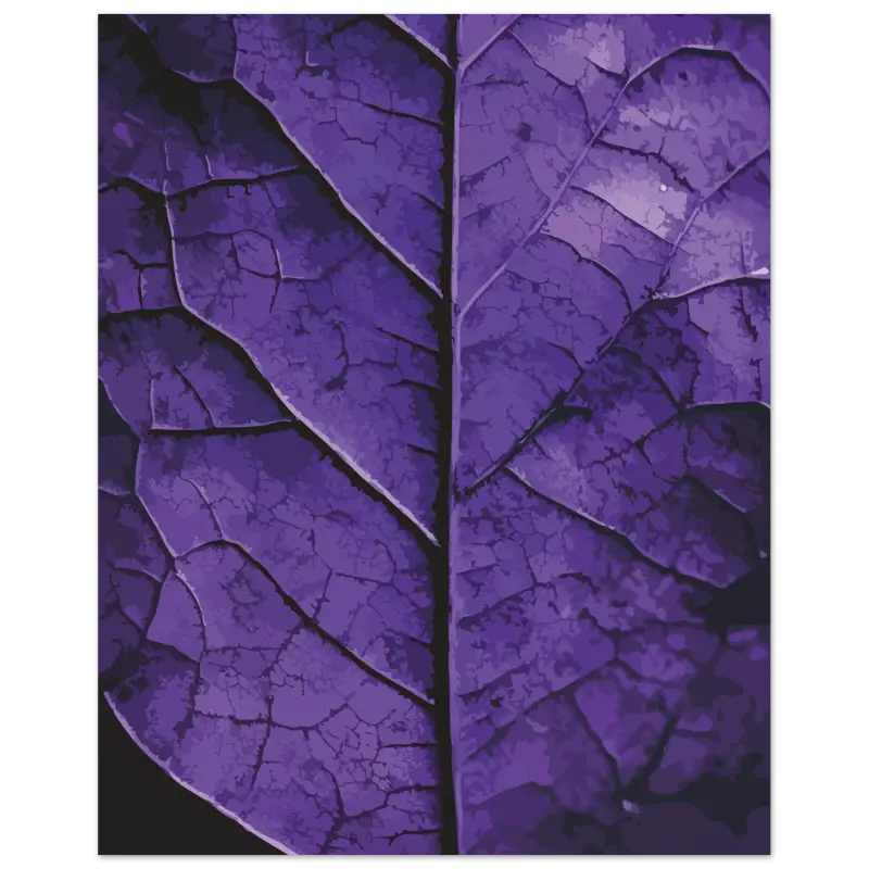 Un gros plan d’une feuille violette vibrante avec une veine craquelée complexe et une texture détaillée.