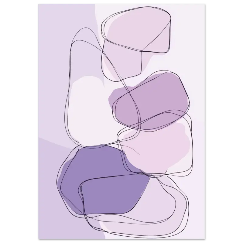 Impression d’art abstrait mettant en scène des formes organiques superposées en tons de lavande doux et de violet atténué, soulignés de fines lignes noires.