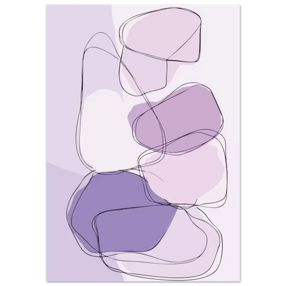 Impression d’art abstrait mettant en scène des formes organiques superposées en tons de lavande douce et de violet atténué, délimitées par de fines lignes noires sur un fond pâle.