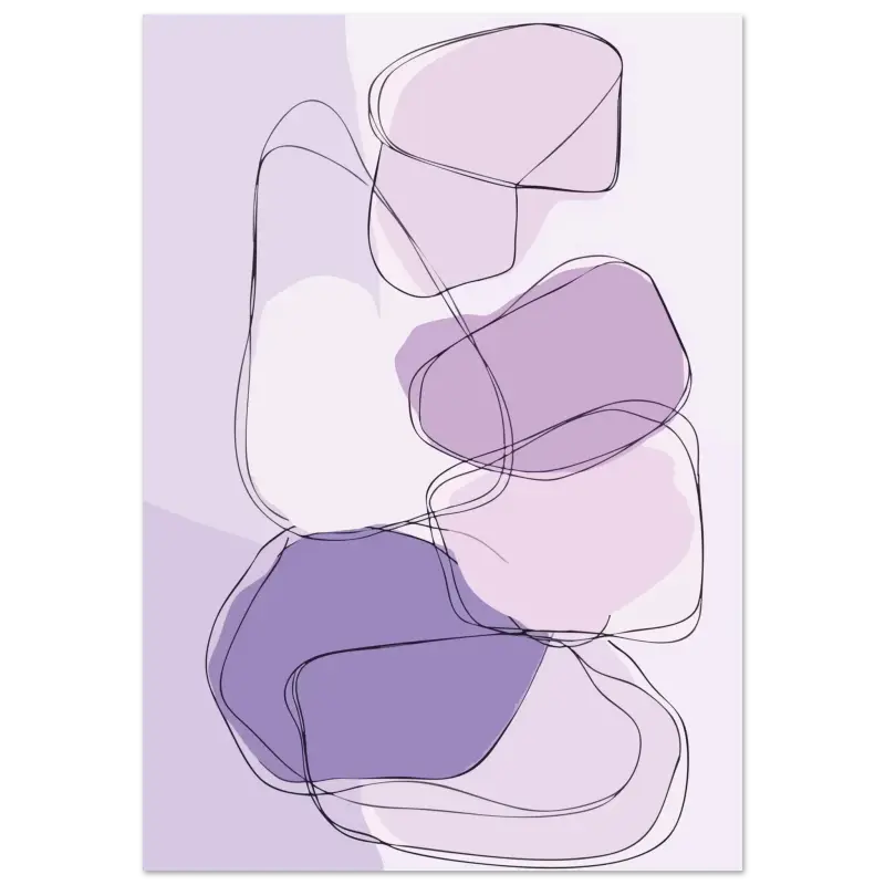 Impression d’art abstrait mettant en scène des formes organiques superposées en tons de lavande douce et de violet atténué, délimitées par de fines lignes noires sur un fond pâle.