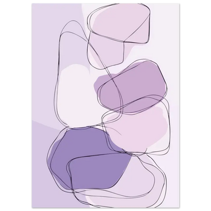 Impression d’art abstrait mettant en scène des formes organiques superposées en nuances douces de lavande et de violet atténué, soulignées de fines lignes noires.