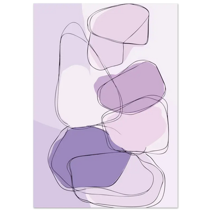Impression d’art abstrait mettant en scène des formes organiques superposées en tons de lavande douce et de violet atténué, soulignées de fines lignes noires.