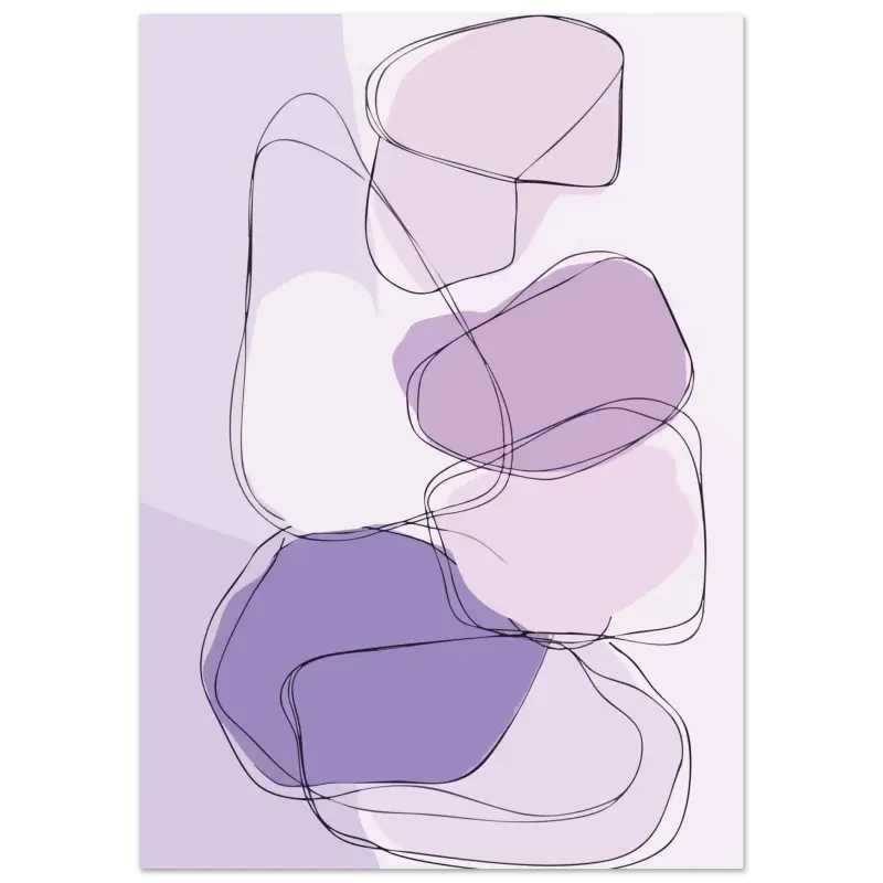 Impression d’art abstrait mettant en scène des formes organiques superposées en tons de lavande douce et de violet atténué, soulignées de fines lignes noires.